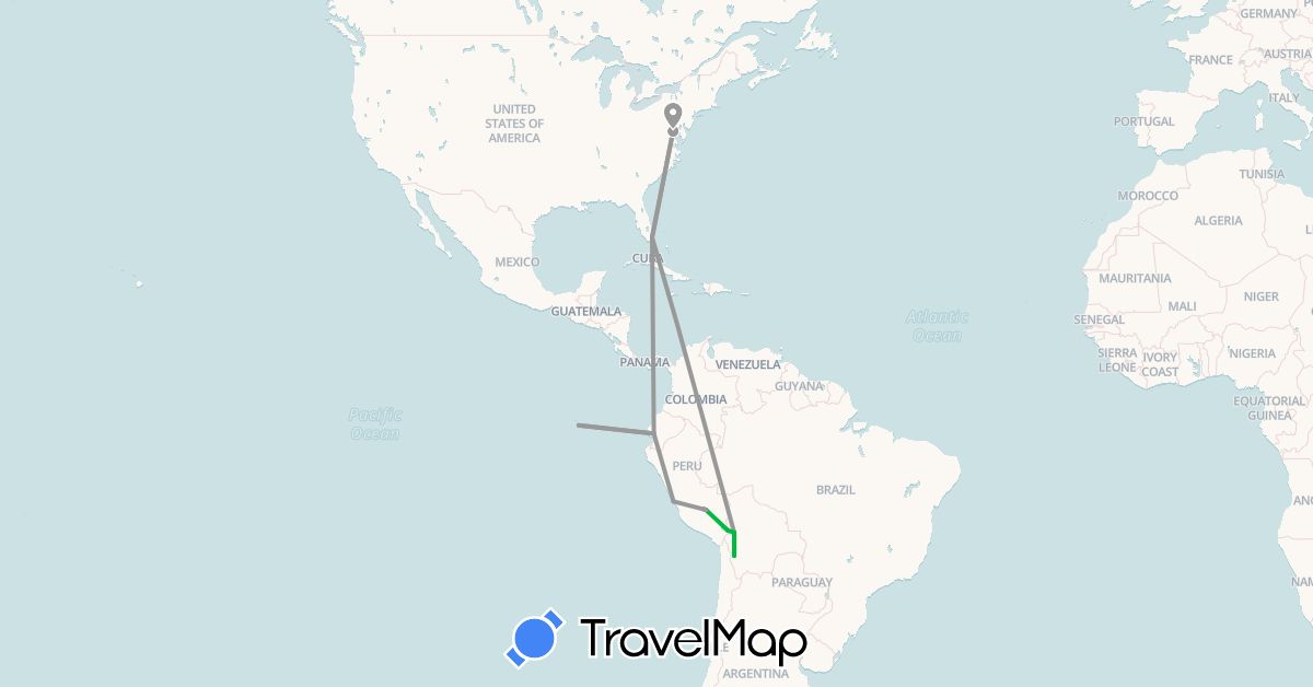 TravelMap itinerary: driving, bus, plane, train in Bolivia, Ecuador, Peru, United States (North America, South America)